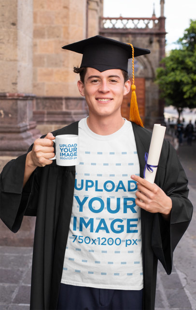 T-Shirt Mockup Featuring a Young Man Holding a Mug on His Graduation Day 