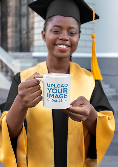 Mockup Featuring a Graduate Holding an 11 oz Mug 