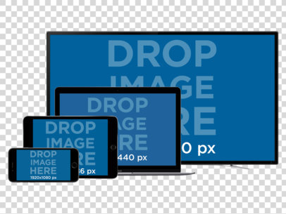 Responsive Mockup of a TV, MacBook Pro, iPad, and iPhone, all in Landscape Position