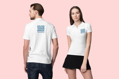 Polo Shirt Mockup of a Man Facing Backwards and a Woman Facing Forward 3201-el1