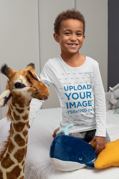 Long-Sleeve Tee Mockup Featuring a Boy Playing with Toys 