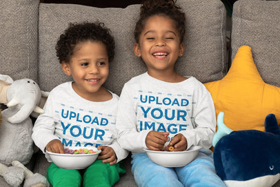 Long-Sleeve Mockup Featuring Siblings Having Breakfast
