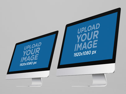 Two iMacs Over a PNG Background in Angled View Responsive Mockup a11898