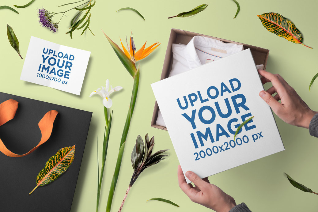 Box Mockup Featuring Flowers and a Greeting Card
