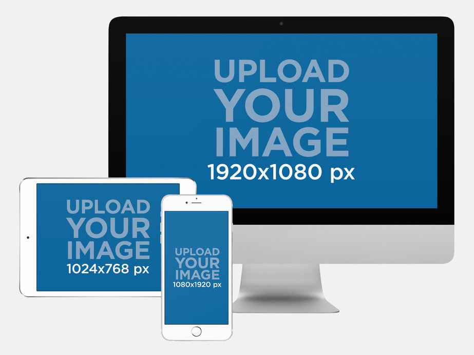 Responsive Mockup of an iMac with a White iPad and iPhone