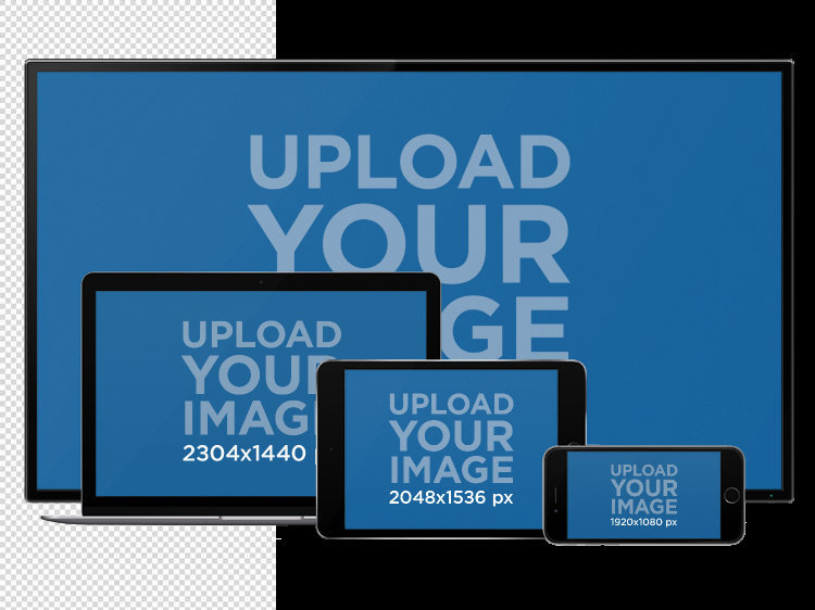 Responsive Mockup of a TV, MacBook Pro, iPad and iPhone in Landscape Position