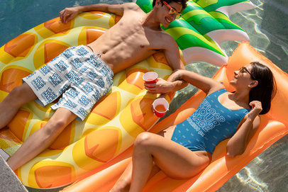 Swim Trunks and Swimsuit Mockup of a Man and a Woman Hanging Out in a Pool