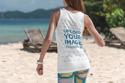 Back View Mockup of a Woman Wearing a Tank Top at the Beach