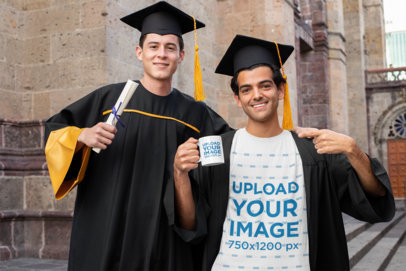 T-Shirt Mockup of Two Friends at their Graduation Day with a Coffee Mug