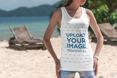 Mockup of a Slim Woman Wearing a Tank Top at the Beach