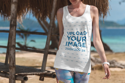 Tank Top Mockup of a Young Woman at the Beach