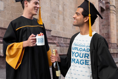 T-Shirt Mockup of Two Graduates with a Coffee Mug 