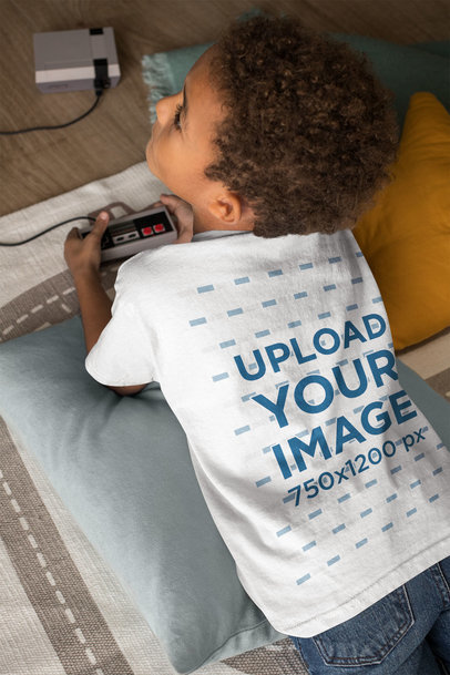 Back-View Tee Mockup of a Little Boy Playing Video Games 31640