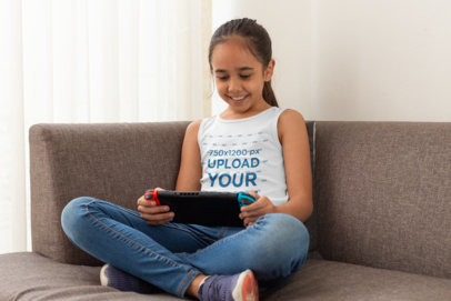 Tank Top Mockup of a Girl Playing Video Games