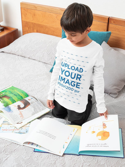 Long-Sleeve Tee Mockup Featuring a Boy Reading in His Bedroom 
