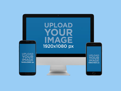 iMac + iPhone and Samsung Galaxy in Portrait Position (Front View) Mockup