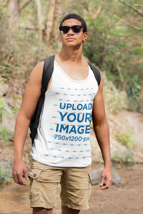 Mockup Featuring a Man with a Tank Top Hiking 