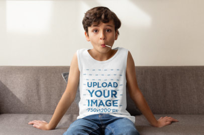Mockup of a Boy Wearing a Tank Top at Home 32353