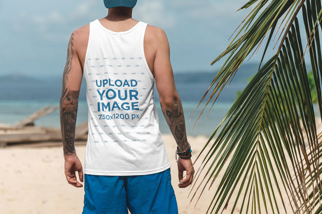Back View Mockup of a Man Wearing a Tank Top at the Beach