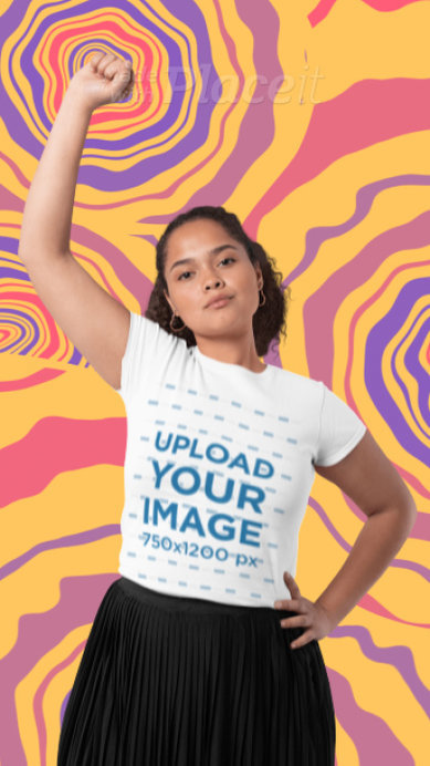 T-Shirt Video of a Woman with Her Fist Up Featuring Animated Background Graphics