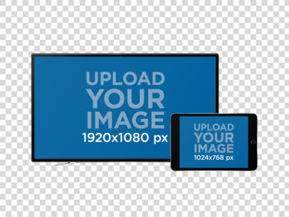 iPad Mini in Landscape Position and TV Mockup Over a Null Background