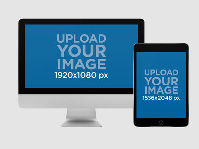 iMac and iPad Mockup in Portrait Position Over a Null Background
