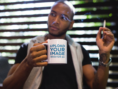 Mockup of a Young Man Having a Cup of Coffee with a Cigarette