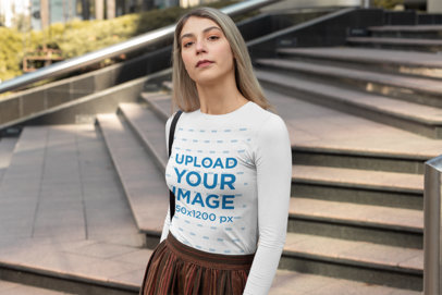 Long Sleeve Tee Mockup of a Woman Posing by a Stairway 
