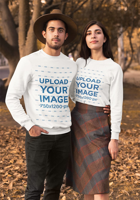 Mockup of a Couple Wearing Long Sleeve T-Shirts in Autumn
