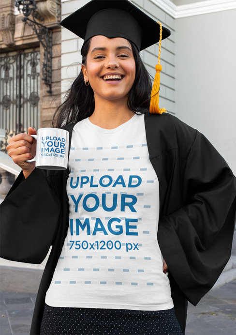 T-Shirt Mockup Featuring a Happy Graduate with a Coffee Mug 