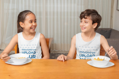 Mockup of a Girl and a Boy Wearing Tank Tops at Home