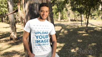 T-Shirt Video of a Smiling Man in the Woods