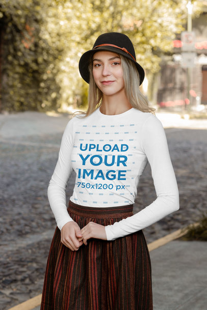 Long Sleeve Tee Mockup Featuring a Woman Wearing a Classical Outfit