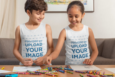 Tank Top Mockup of a Boy and a Girl Drawing with Crayons 