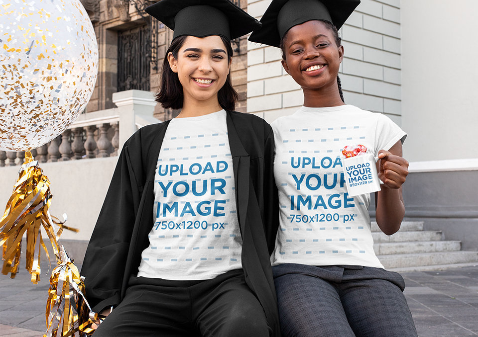Mockup of Two Female Friends Wearing T-Shirts and Holding a Mug on Graduation Day 