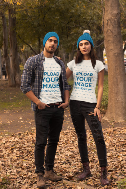 T-Shirt Mockup of Two Friends Posing in the Woods 