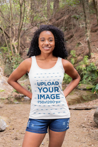Tank Top Mockup Featuring a Smiling Woman at a Hike