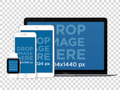 White iPhone 6, Apple Watch, iPad and MacBook Pro Set Over a Null Background Mockup a12345