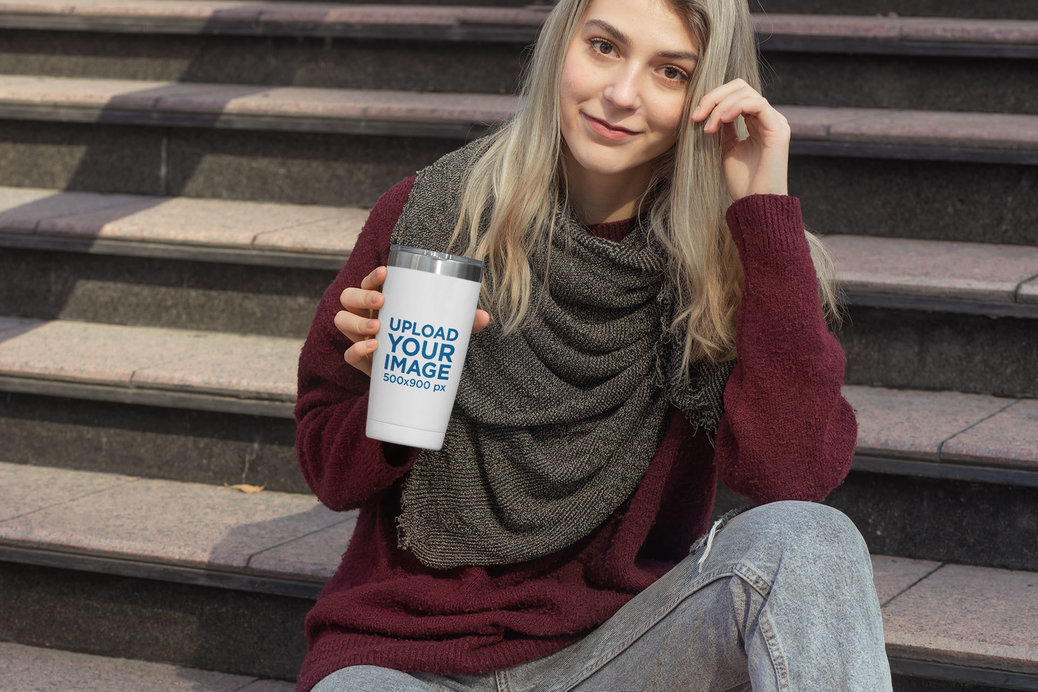 Travel Mug Mockup Featuring a Woman in a Comfy Look 