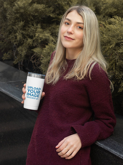 Travel Mug Mockup of a Woman in an Autumn Outfit 