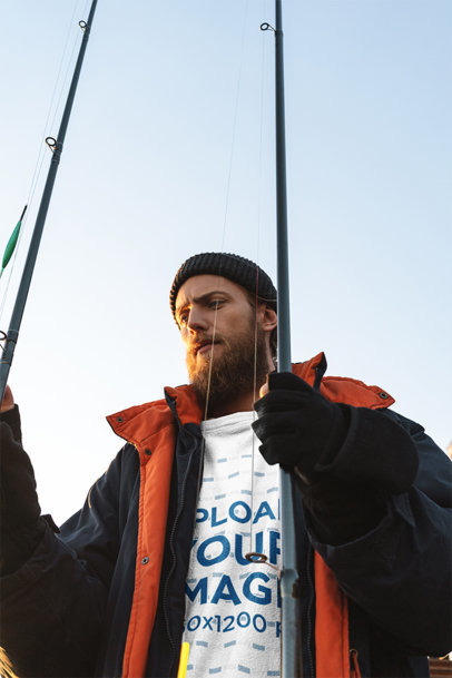 Mockup of a Fisherman Wearing a Sweatshirt