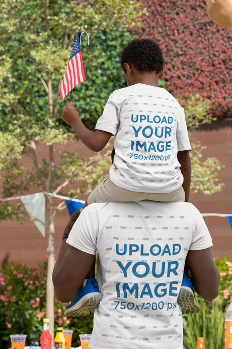 Back View T-Shirt Mockup Featuring a Dad and Son on 4th of July 