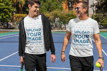 T-Shirt Mockup of a Happy Man and His Son at a Tennis Court 