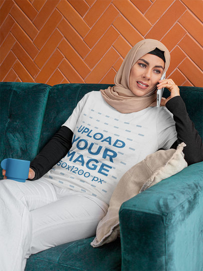 Mockup of a Woman with a T-Shirt and Hijab Talking on the Phone 