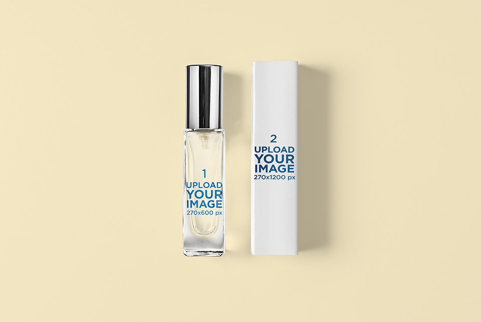 Mockup Featuring a Slim Perfume Bottle Lying Next to Its Box on a Solid Color Surface