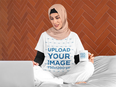 Multiple Products Mockup Featuring a Woman with a T-Shirt and a Coffee Mug 