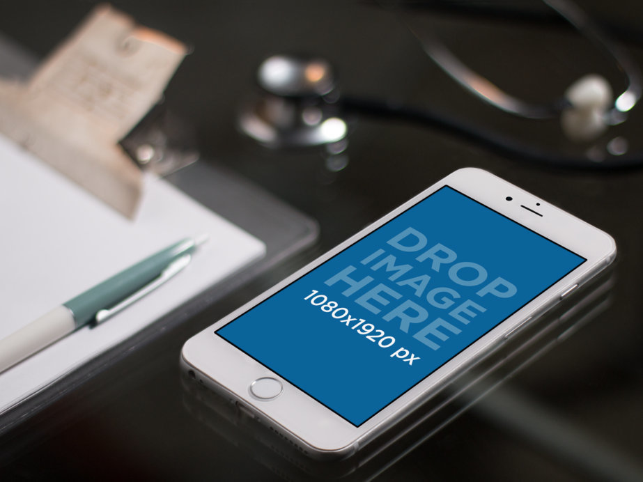 White iPhone Mockup Lying on a Doctor's Office Desk