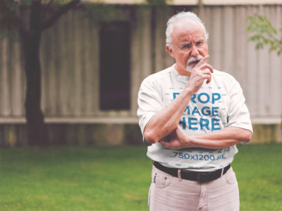 Round Neck Tee of a White Senior Man in his Back Yard