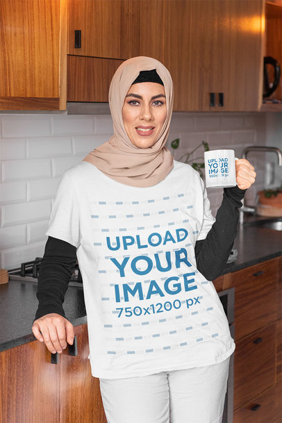 T-Shirt Mockup of a Woman with a Hijab Drinking from an 11 oz Mug