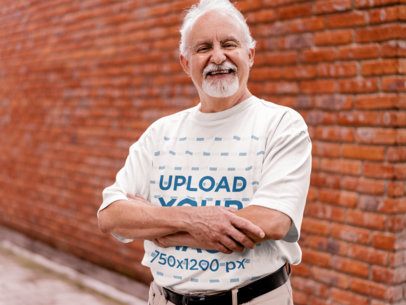 Round Neck T-Shirt Mockup of a Smiling Senior Man